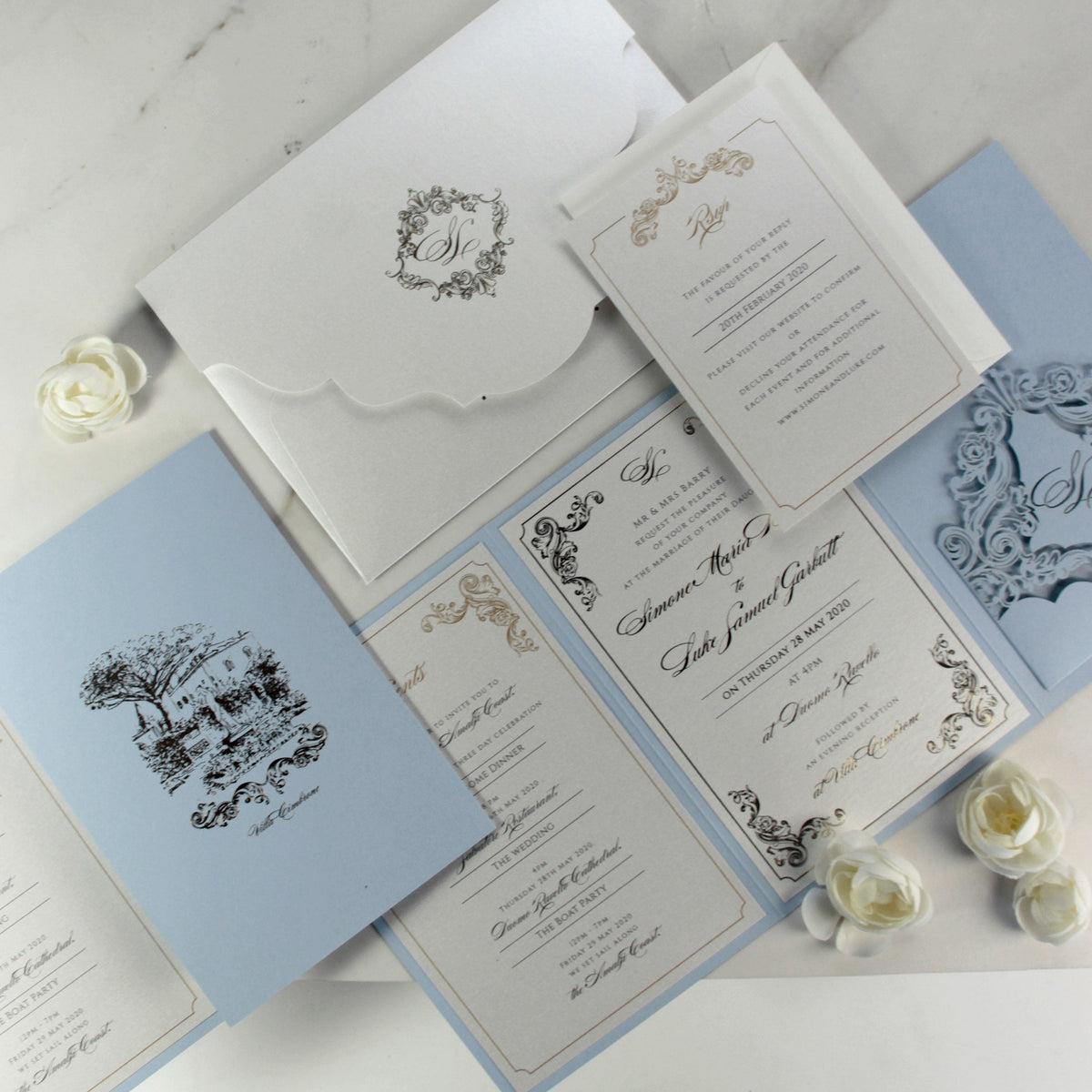 Invitaciones Hotel Villa Cimbrone | Suite de bolsillo para bodas con lámina dorada y boceto del lugar para celebrar la boda