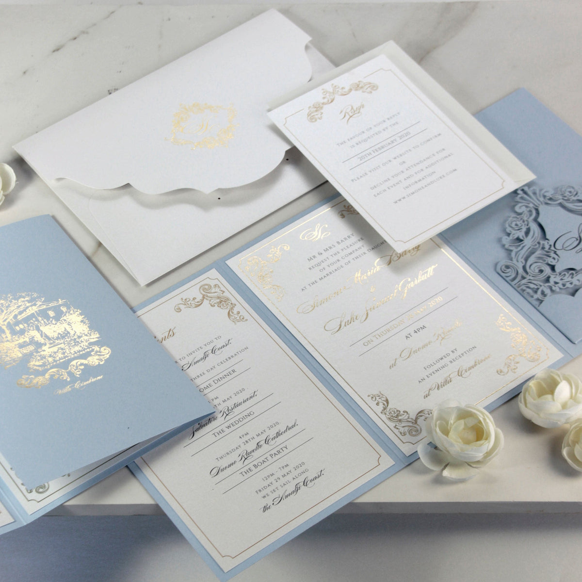 Invitaciones Hotel Villa Cimbrone | Suite de bolsillo para bodas con lámina dorada y boceto del lugar para celebrar la boda