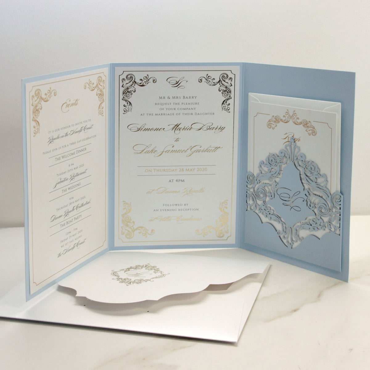 Hotel Villa Cimbrone Invitations |  Wedding Pocket Suite with Gold Foil and Wedding Venue Sketch