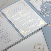 Invitaciones Hotel Villa Cimbrone | Suite de bolsillo para bodas con lámina dorada y boceto del lugar para celebrar la boda