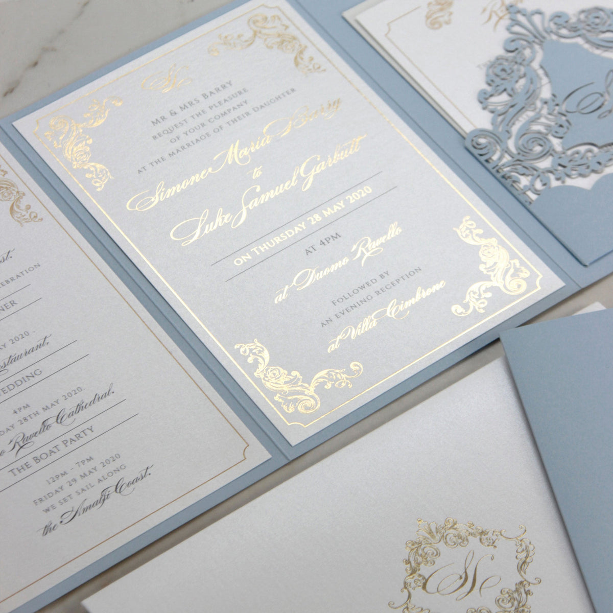 Invitaciones Hotel Villa Cimbrone | Suite de bolsillo para bodas con lámina dorada y boceto del lugar para celebrar la boda